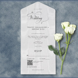 Invitación Todo En Uno Moderno Mínimo Satin Blanco Taffeta Código QR