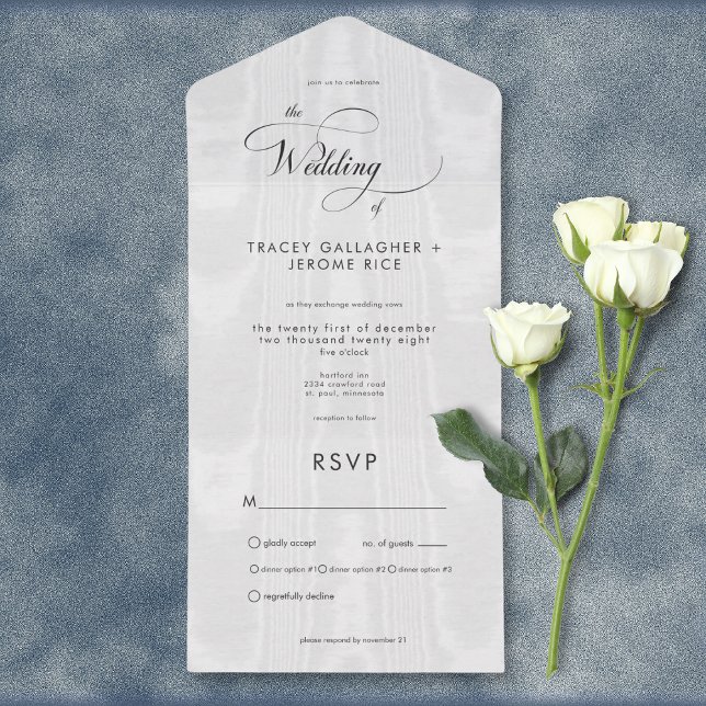 Invitación Todo En Uno Moderno Mínimo Satino Blanco Taffeta Cena (Modern Minimal White Satin Taffeta All In One Wedding Invitation with Dinner Options)