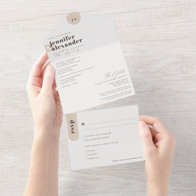 Invitación Todo En Uno Moderno Mínimo Simple Taupe Boda Todo En Una Inv (desgarro)