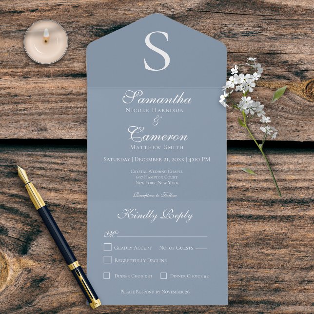 Invitación Todo En Uno Moderno Monograma Dusty Blue Dinner (Subido por el creador)