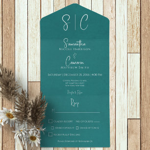 Invitación Todo En Uno Moderno Monograma mínimo Verde azulado