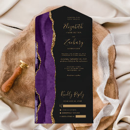 Invitación Todo En Uno Moderno morado de oro Agate Boda oscuro
