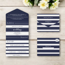 Moderno Navy Blue White Stripes Elegante Boda