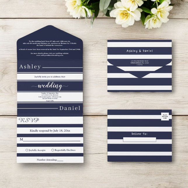 Invitación Todo En Uno Moderno Navy Blue White Stripes Elegante Boda (Subido por el creador)