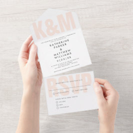 Invitación Todo En Uno Moderno negrita Tipo + Monograma Boda Rubor Rosa
