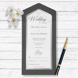 Invitación Todo En Uno Moderno negro y blanco plateado mínimo sin cena