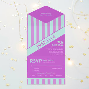 Invitación Todo En Uno Moderno Pastel Verde azulado de las franjas rosada