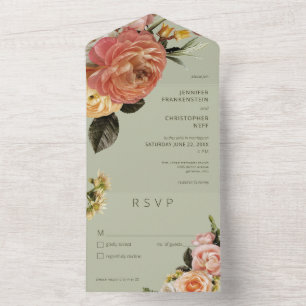 Invitación Todo En Uno Moderno Peach Mimosa Floral Verde