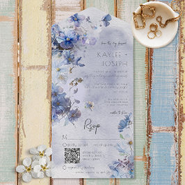 Invitación Todo En Uno Moderno Periwinkle Blue Wildflowers Código QR