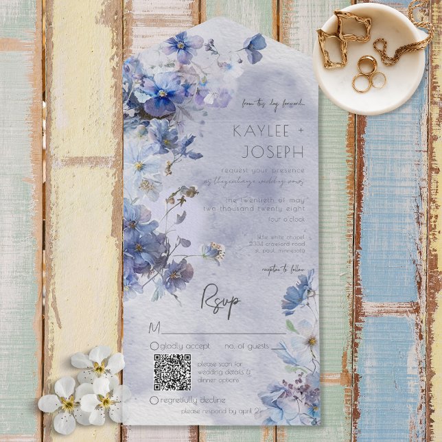 Invitación Todo En Uno Moderno Periwinkle Blue Wildflowers Código QR (Subido por el creador)