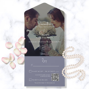 Invitación Todo En Uno Moderno Periwinkle Purple Elegant Photo QR Code
