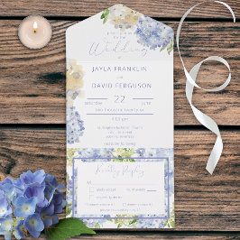Invitación Todo En Uno Moderno Periwinkle & White Hydrangeas Cena