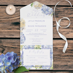 Invitación Todo En Uno Moderno Periwinkle & White Hydrangeas Cena