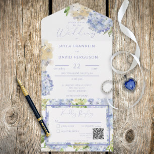 Invitación Todo En Uno Moderno Periwinkle & White Hydrangeas Código QR