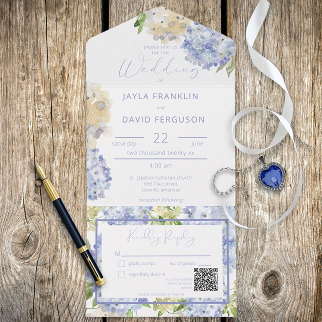 Invitación Todo En Uno Moderno Periwinkle & White Hydrangeas Código QR (Subido por el creador)