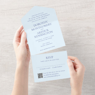 Invitación Todo En Uno Moderno Polvo Azul Código QR Boda Elegante