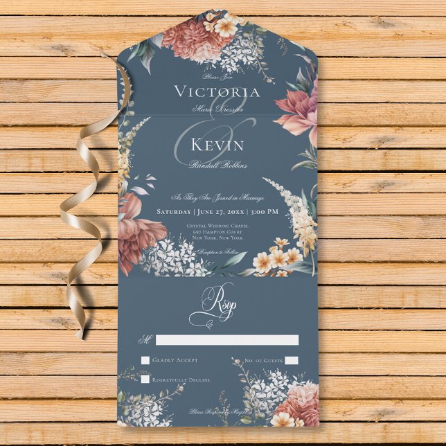 Invitación Todo En Uno Moderno Romántico Blue Garden Floral Sin Cena (Modern Romantic Blue Garden Floral No Dinner All In One Invitation)