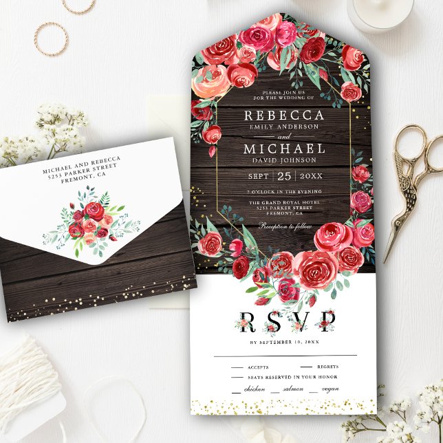 Invitación Todo En Uno Moderno Roses Roses Roses Floral Barn Wood Boda (Subido por el creador)