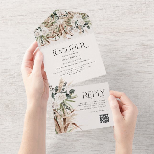 Invitación Todo En Uno moderno rústico pampas eucalipto boda QR código Al (desgarro)