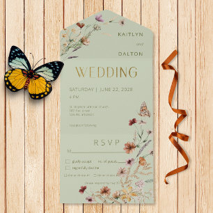 Invitación Todo En Uno Moderno Sage Green Wildflower Bouquet Cena