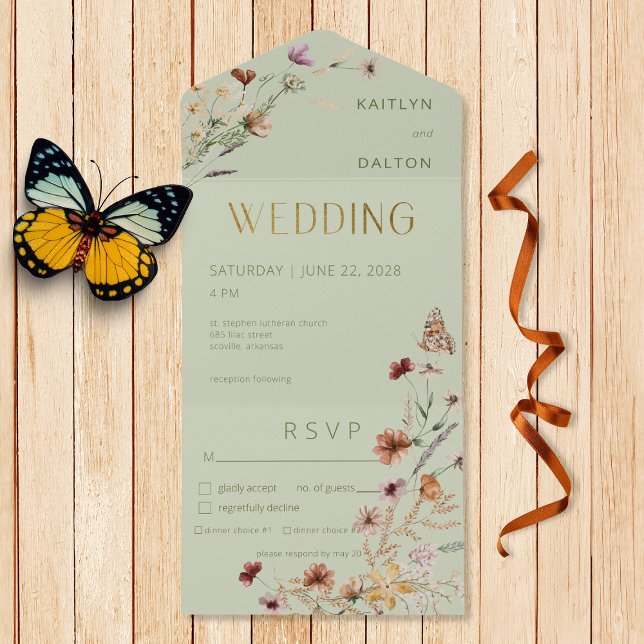 Invitación Todo En Uno Moderno Sage Green Wildflower Bouquet Cena (Subido por el creador)