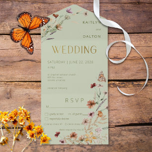 Invitación Todo En Uno Moderno Sage Green Wildflower Bouquet Cena