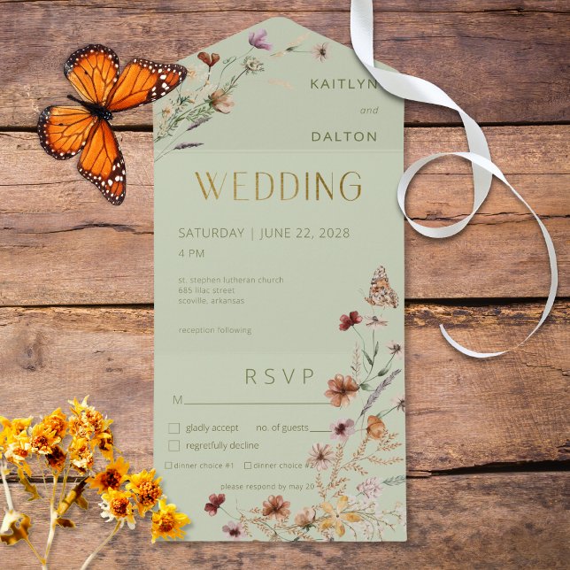 Invitación Todo En Uno Moderno Sage Green Wildflower Bouquet Cena (Subido por el creador)