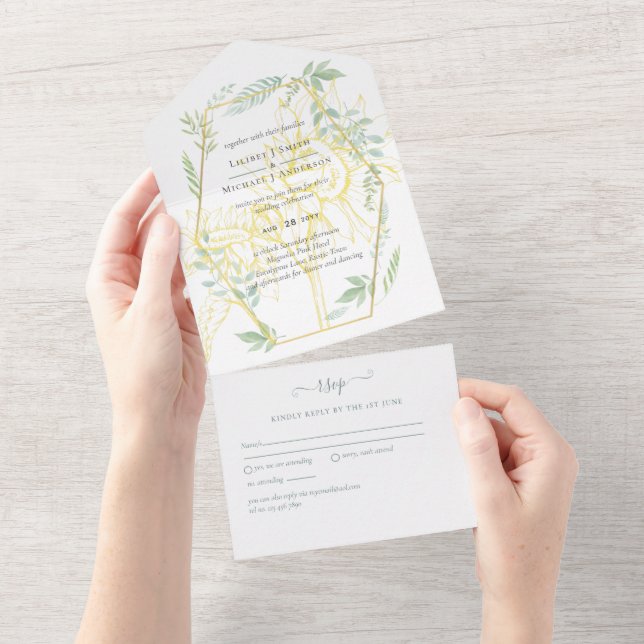 Invitación Todo En Uno Moderno Sunflowers Greenery Sage Gold Boda (desgarro)