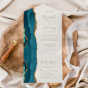 Invitación Todo En Uno Moderno Verde azulado Blue Gold Agate Boda de marf