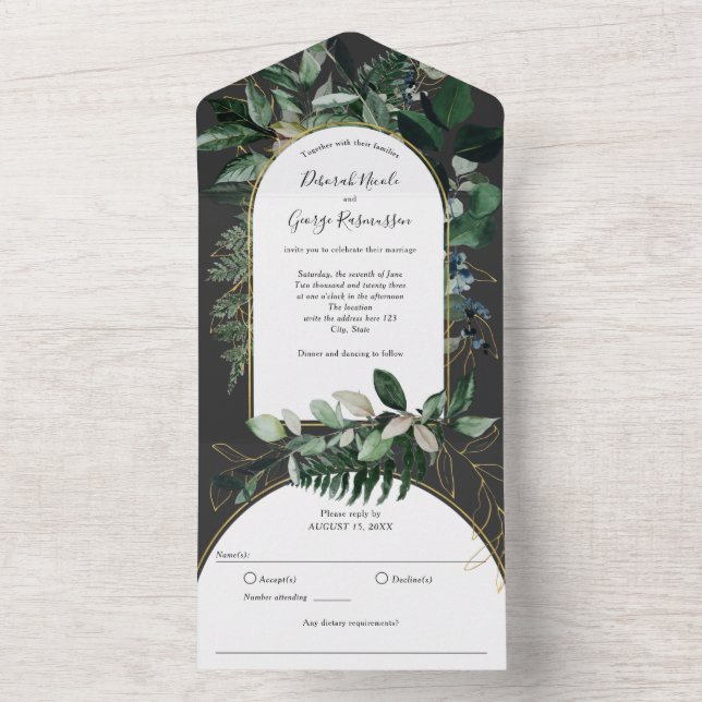Invitación Todo En Uno Moderno y elegante Arco Boho con vegetación acuáti (Interior)