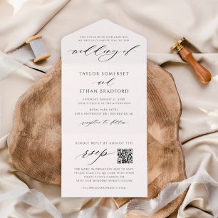 Invitación Todo En Uno Moderno y elegante Boda de código QR en blanco y n