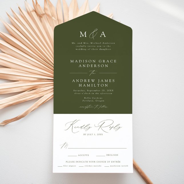 Invitación Todo En Uno Moderno y elegante Boda verde oliva monograma (Subido por el creador)
