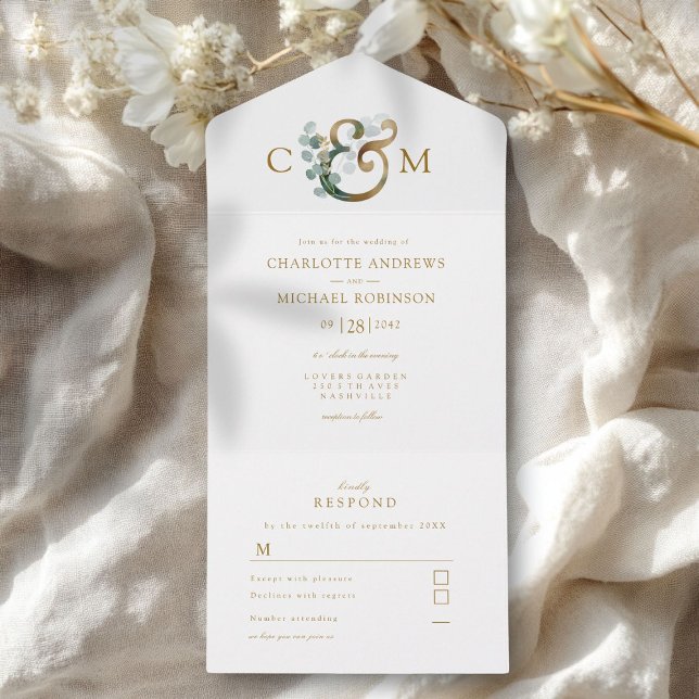 Invitación Todo En Uno Moderno y elegante Eucalyptus Ampersand Boda (Modern Elegant Eucalyptus Wedding All In One Invitation)