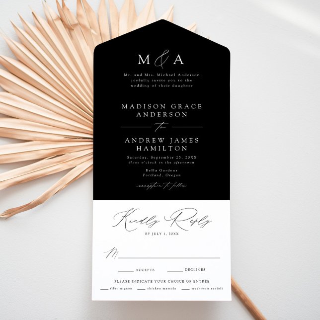 Invitación Todo En Uno Moderno y elegante Monograma Boda blanco y negro (Subido por el creador)