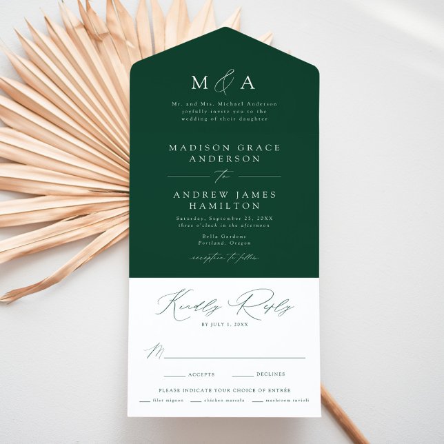 Invitación Todo En Uno Moderno y elegante Monograma Boda Verde (Subido por el creador)