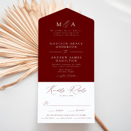 Invitación Todo En Uno Moderno y elegante Monograma Borgoña Boda