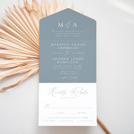 Invitación Todo En Uno Moderno y elegante Monograma Dusty Blue Boda