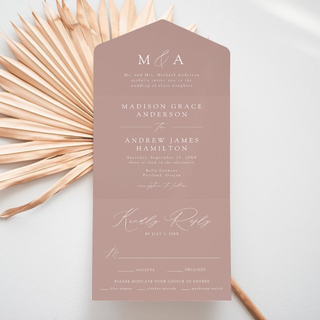 Invitación Todo En Uno Moderno y elegante Monograma Rosa  Boda (Subido por el creador)