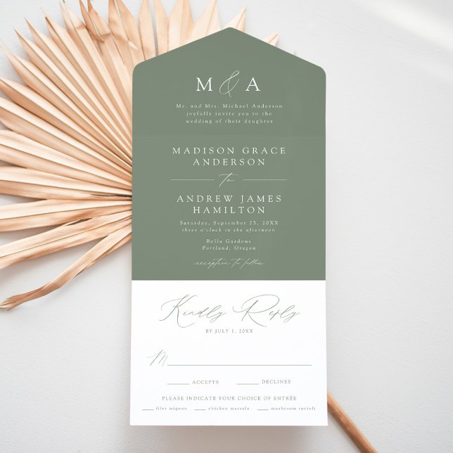 Invitación Todo En Uno Moderno y elegante Monograma Sage Green Boda (Subido por el creador)