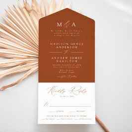 Invitación Todo En Uno Moderno y elegante Monograma Terracotta Boda