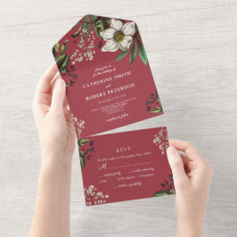 Invitación Todo En Uno Moderno y elegante Rosa de Navidades rojos oscuros