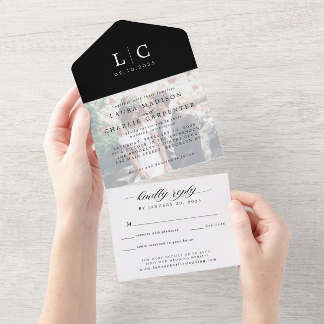 Invitación Todo En Uno Moderno y simple Boda RSVP de fotografía monograma (desgarro)