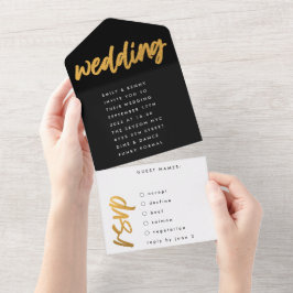Invitación Todo En Uno Modos laterales Black Gold Moderno Boda simple