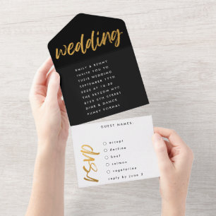 Invitación Todo En Uno Modos laterales Black Gold Moderno Boda simple