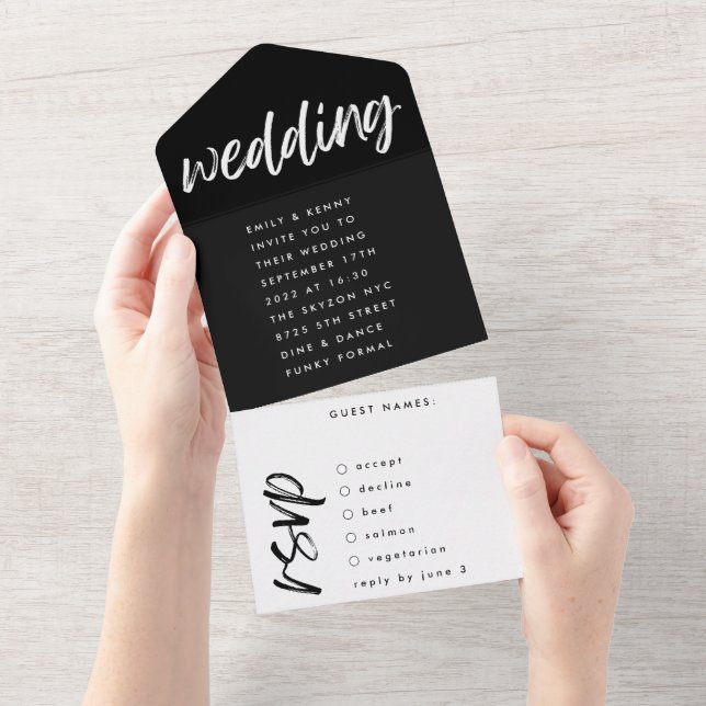 Invitación Todo En Uno Modos laterales negro moderno simple Boda (desgarro)