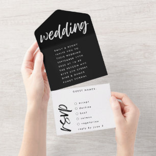 Invitación Todo En Uno Modos laterales negro moderno simple Boda