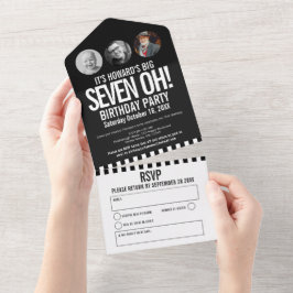 Invitación Todo En Uno Mono negro de círculos de fotos rayas 70 cumpleaño