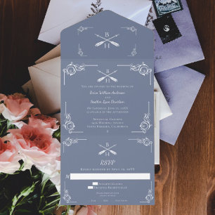 Invitación Todo En Uno Monograma azul turbio y Boda de flechas