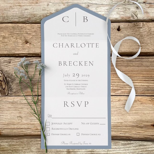 Invitación Todo En Uno Monograma azul y blanco turbio cena mínima (Subido por el creador)