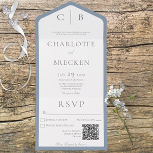 Invitación Todo En Uno Monograma azul y blanco turbio Código QR mínimo